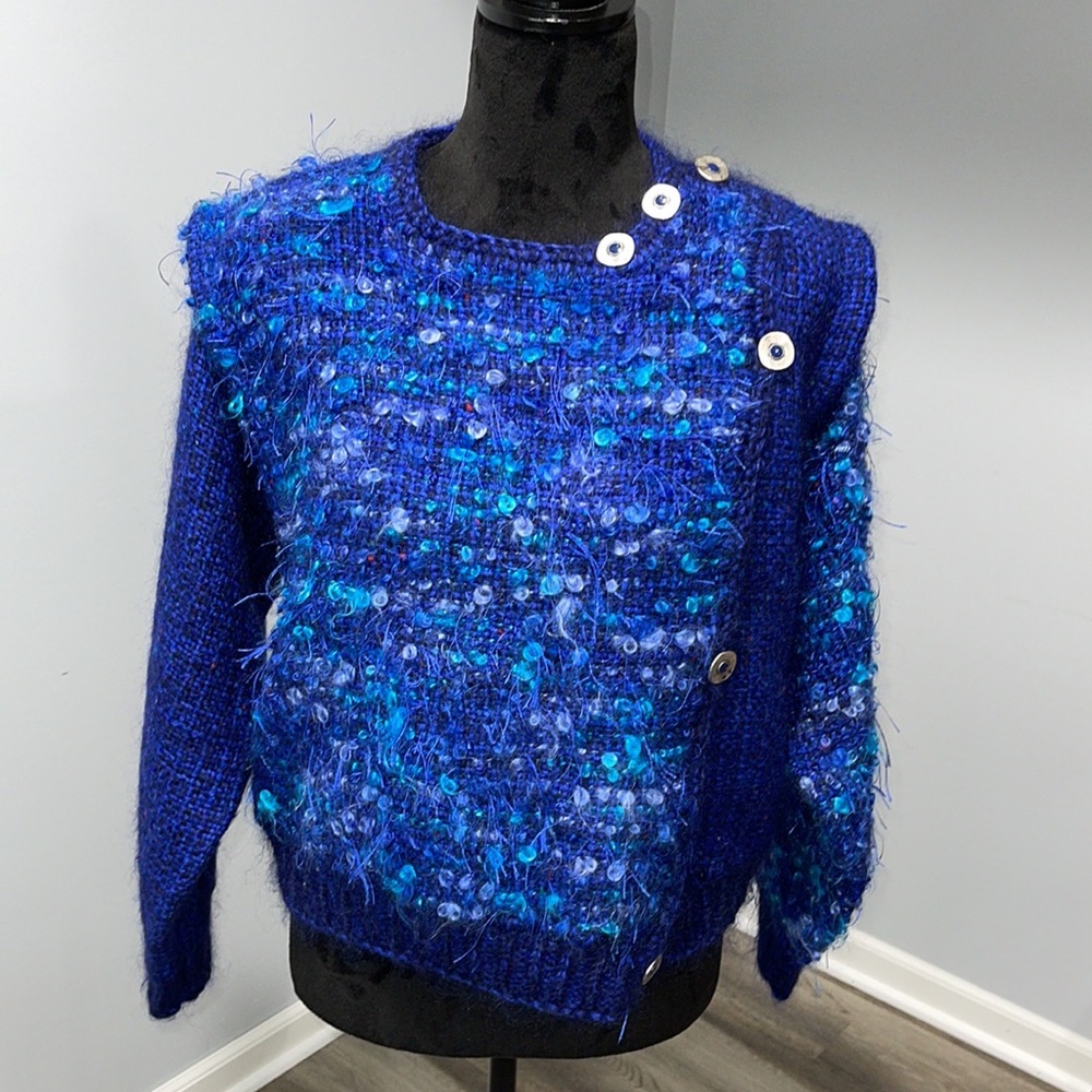 Blue sweater handmade fuzzy funky boho original style